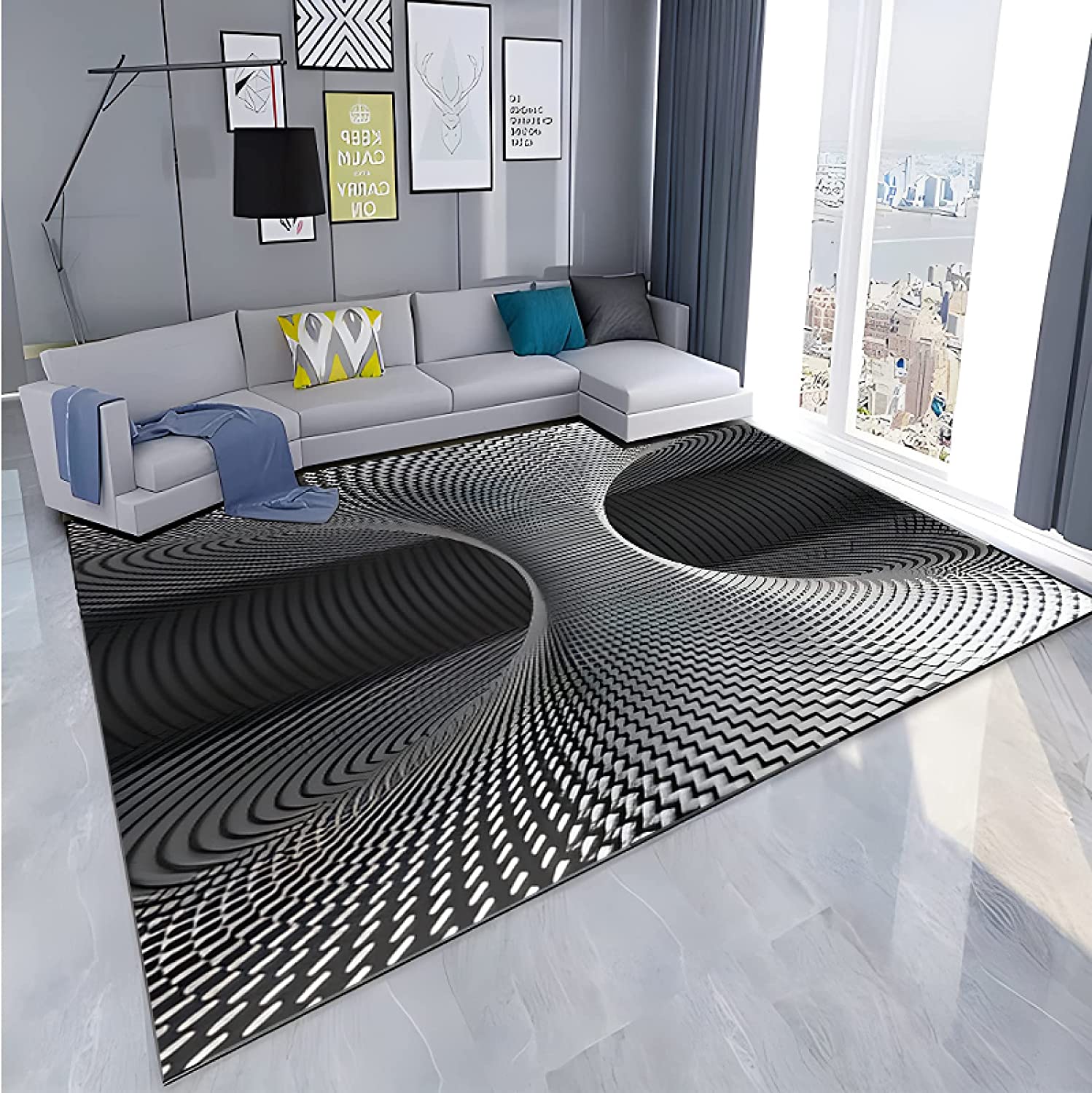 Grey 3D Swirl Illusion Rug - A Contemporary Geometric Optical Anti-Skid Floor Mat for Living Room Decor - Image 3