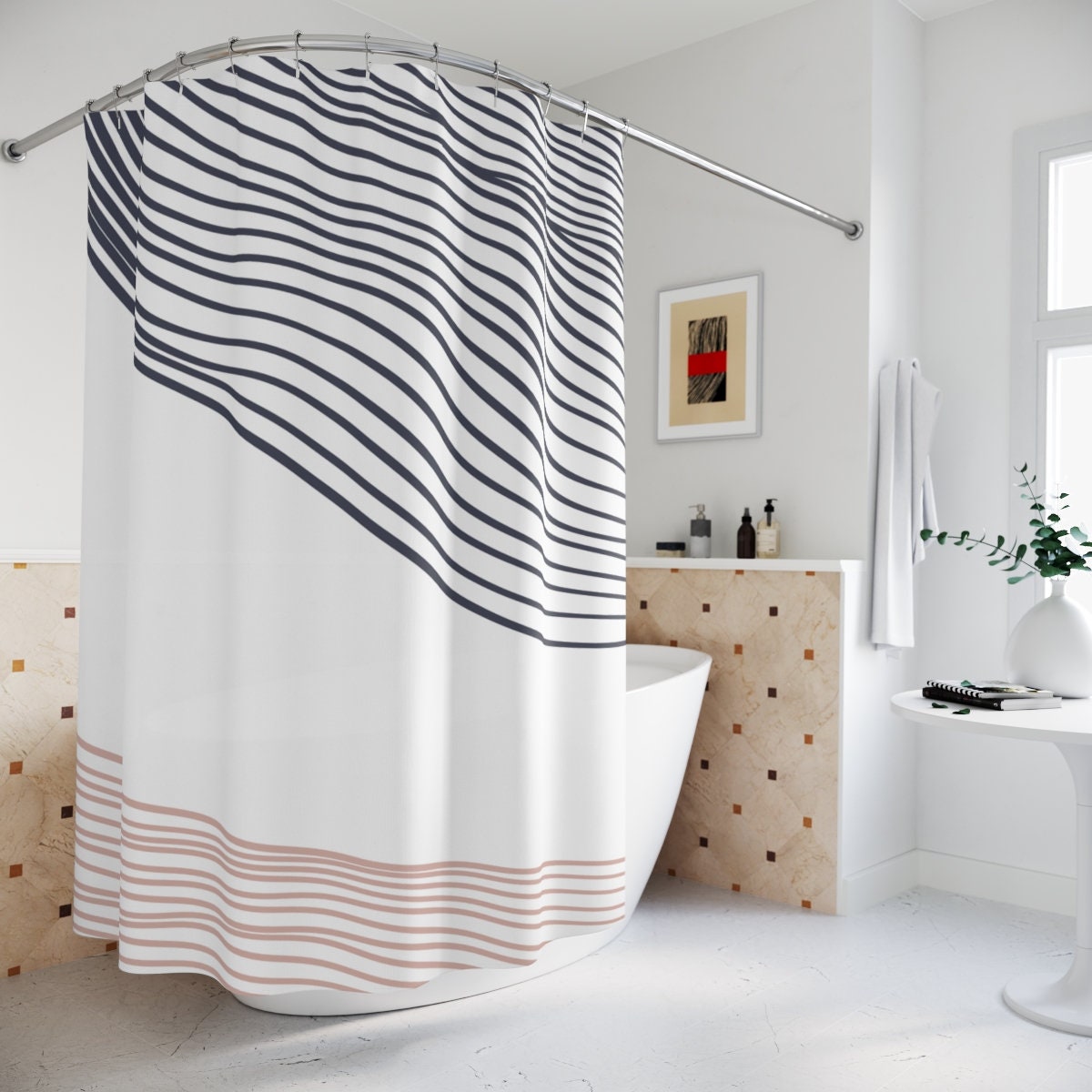 Grey Brown Waves Abstract Art Shower Curtain or Mat, Minimalistic Contemporary Curtain for Apartment Bathroom