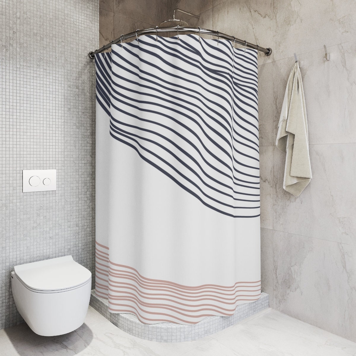 Grey Brown Waves Abstract Art Shower Curtain or Mat, Minimalistic Contemporary Curtain for Apartment Bathroom - Image 2