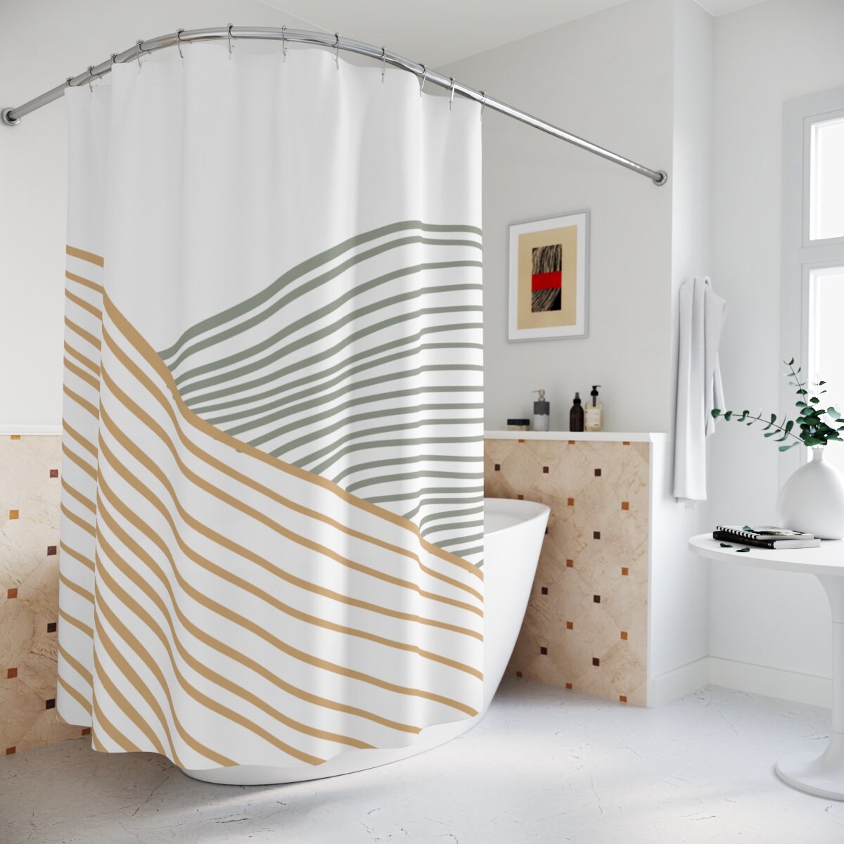 Grey Mustard Lines Waves Abstract Art Shower Curtain or Mat, Minimalistic Contemporary Curtain