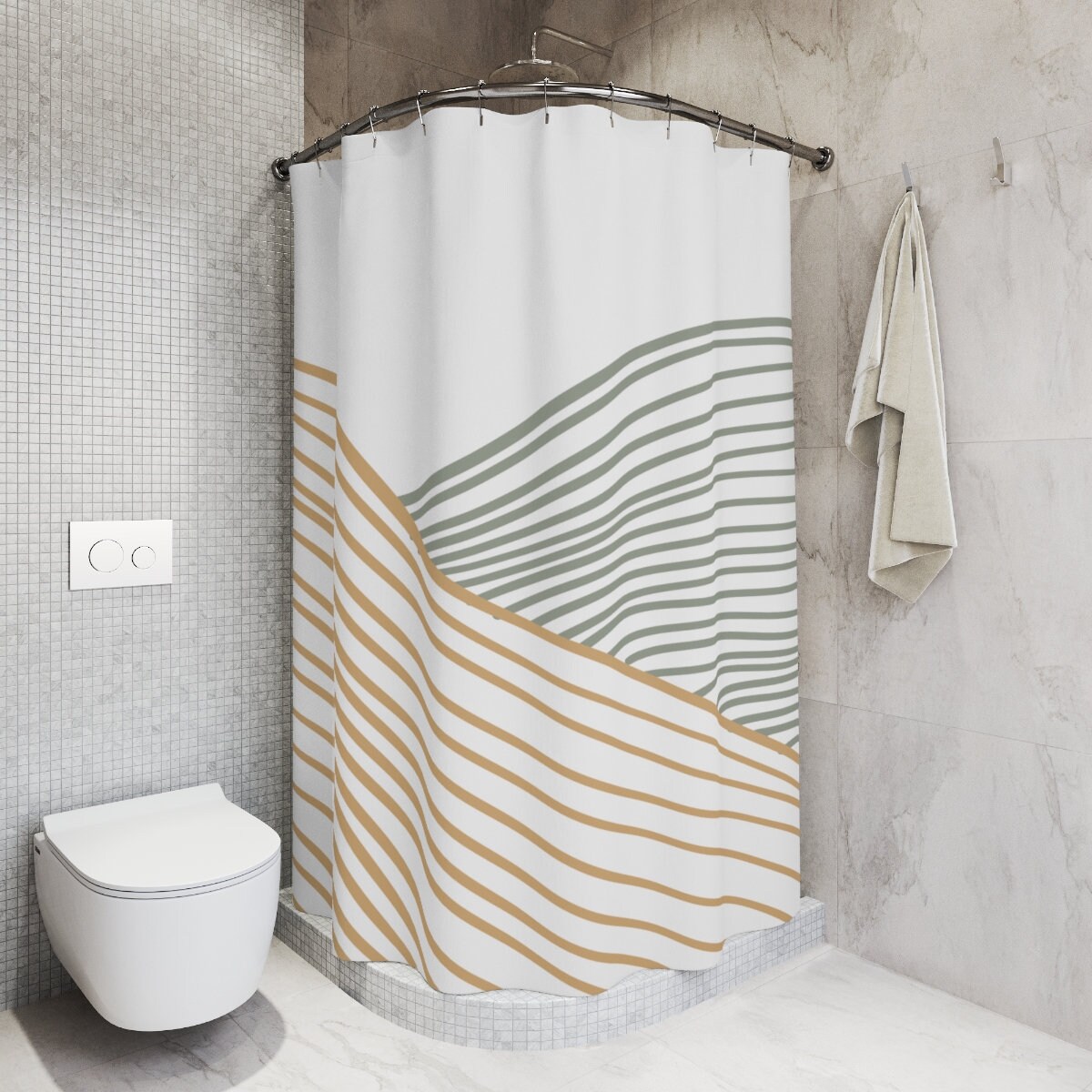 Grey Mustard Lines Waves Abstract Art Shower Curtain or Mat, Minimalistic Contemporary Curtain - Image 2