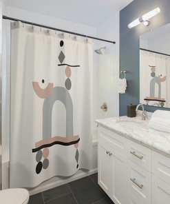 Grey Peach Earth Tones Boho Shower Curtain, Mid Century Modern Floral Bathroom Decor