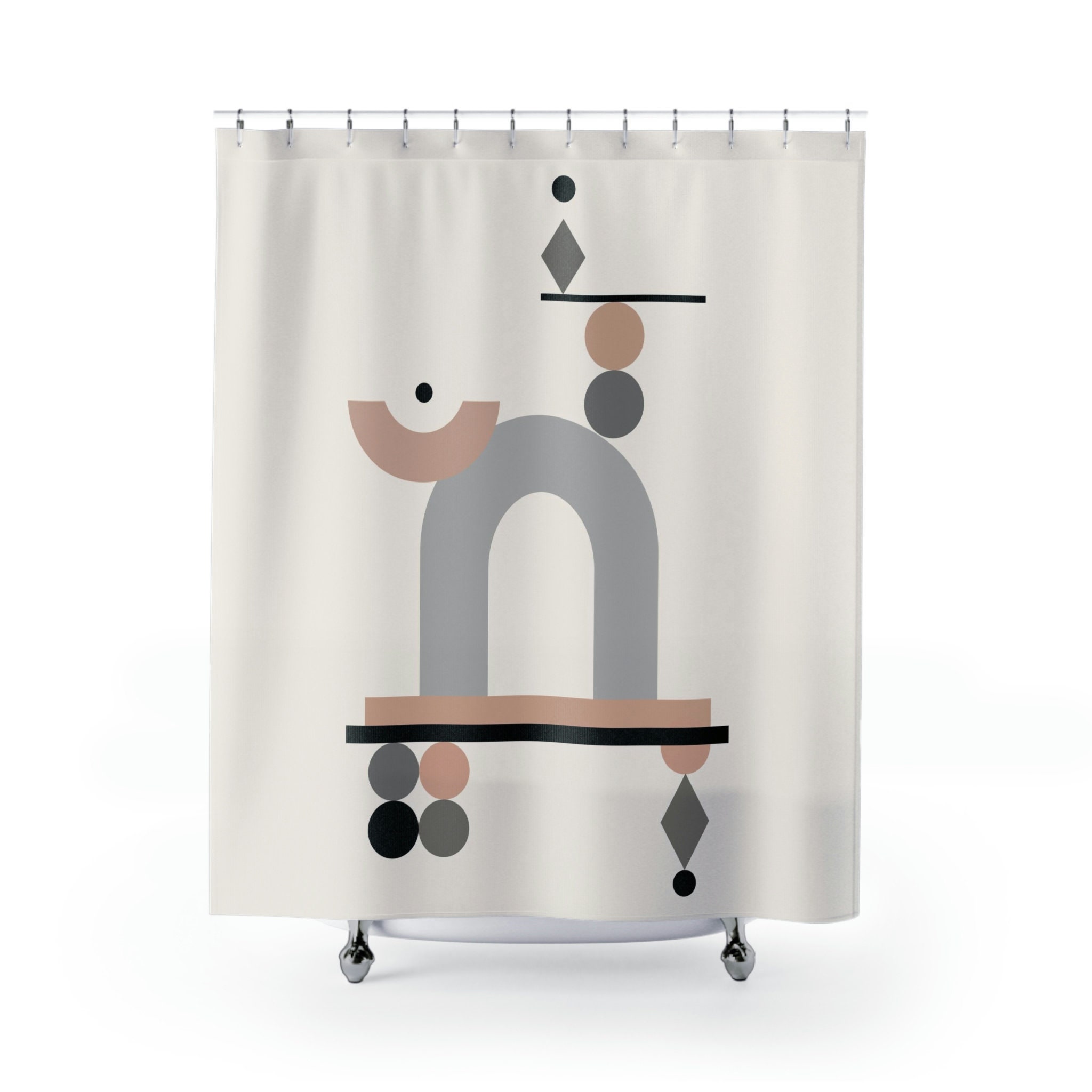 Grey Peach Earth Tones Boho Shower Curtain, Mid Century Modern Floral Bathroom Decor - Image 2