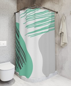 Grey and Mint Circles Abstract Art Shower Curtain or Mat, Contemporary Minimalistic Curtain for Apartment Bathroom
