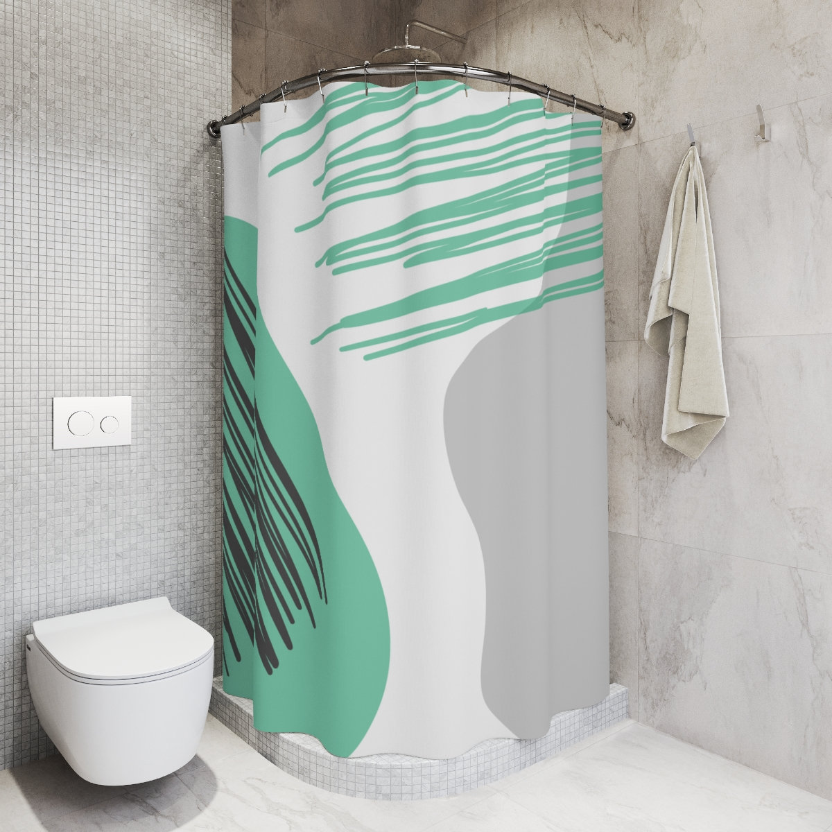 Grey and Mint Circles Abstract Art Shower Curtain or Mat, Contemporary Minimalistic Curtain for Apartment Bathroom