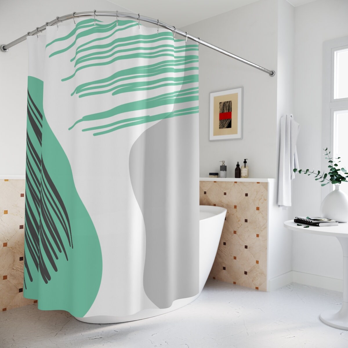 Grey and Mint Circles Abstract Art Shower Curtain or Mat, Contemporary Minimalistic Curtain for Apartment Bathroom - Image 2