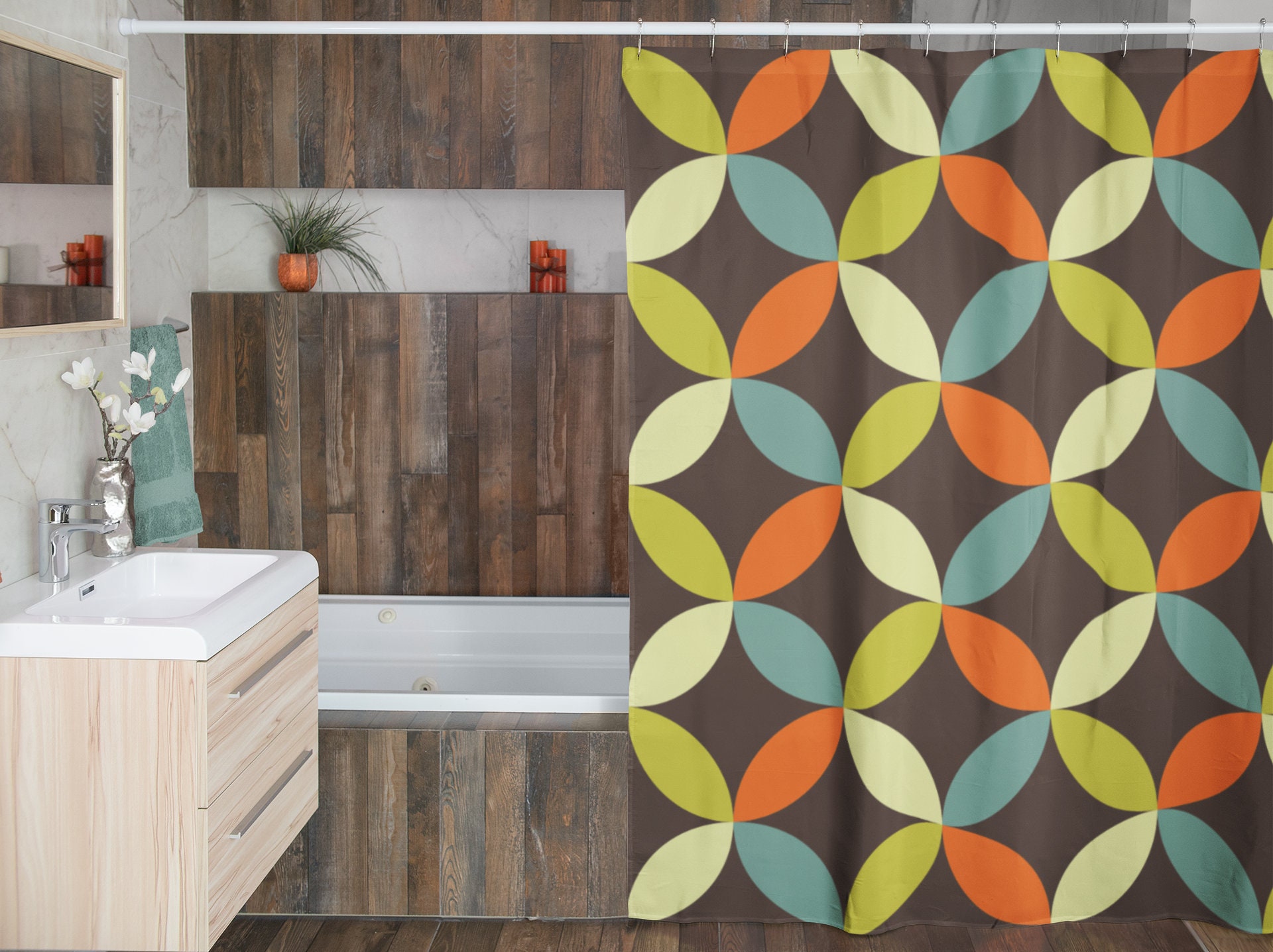 Groovy 60's 70's Geometric Hippie Shower Curtain, Retro Bathroom Accessory with Flower Designs