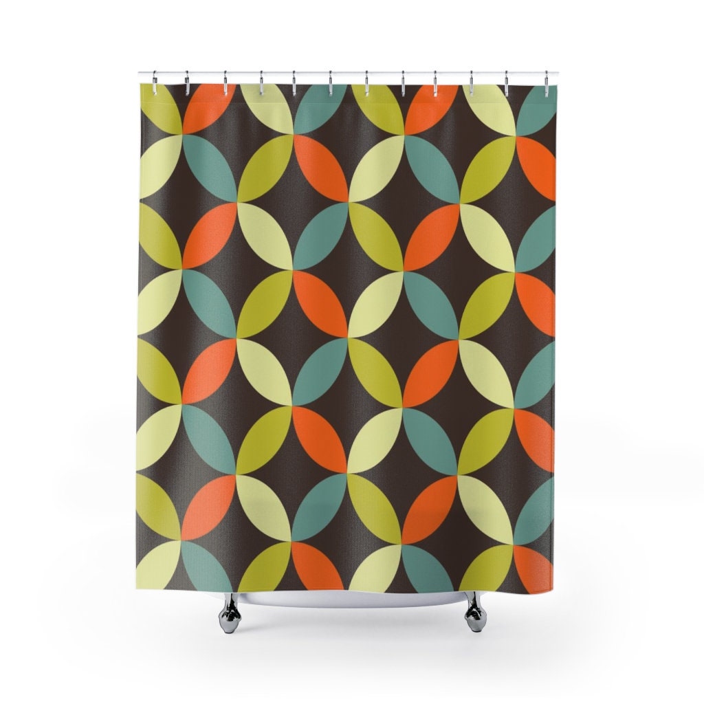 Groovy 60's 70's Geometric Hippie Shower Curtain, Retro Bathroom Accessory with Flower Designs - Image 2