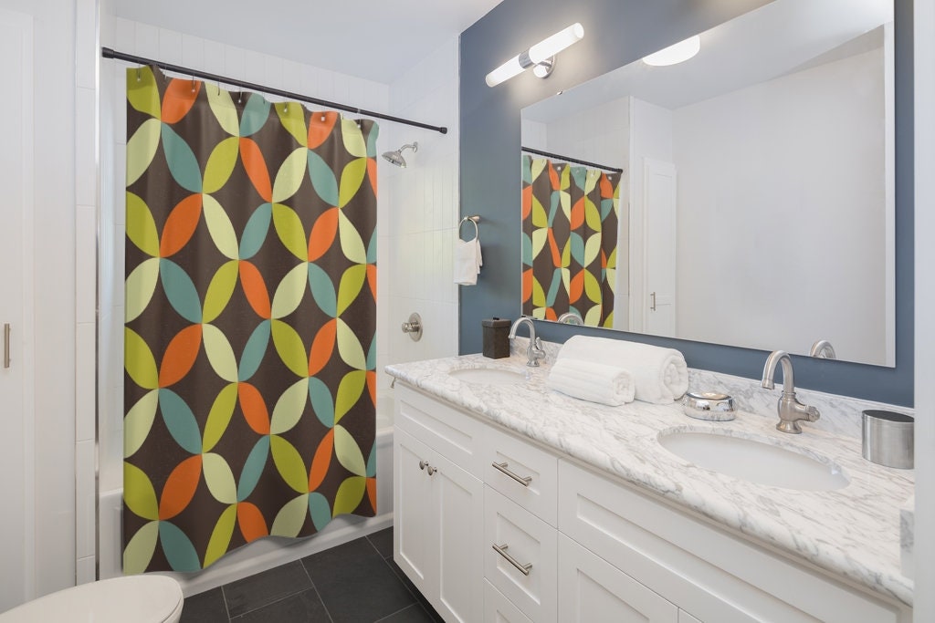 Groovy 60's 70's Geometric Hippie Shower Curtain, Retro Bathroom Accessory with Flower Designs - Image 3