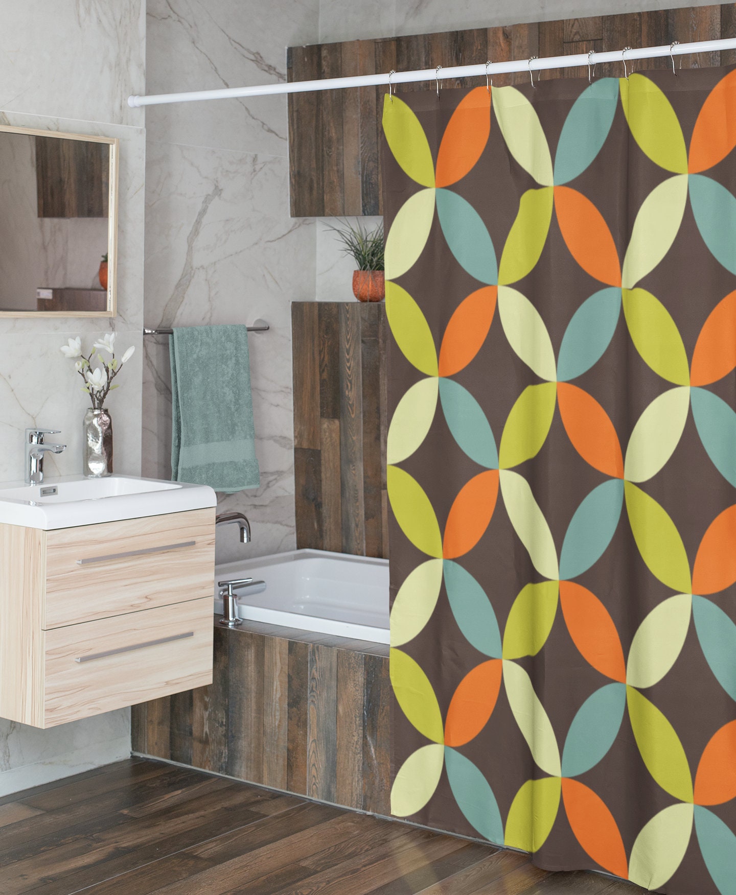 Groovy 60's 70's Geometric Hippie Shower Curtain, Retro Bathroom Accessory with Flower Designs - Image 4