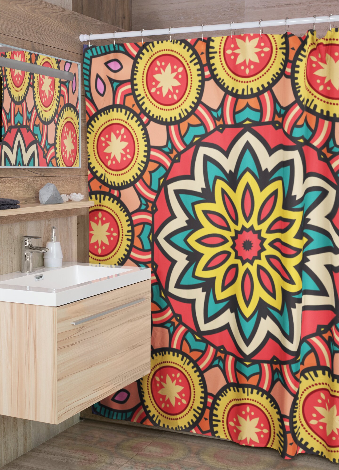 Groovy 60's 70's Hippie Mandala Shower Curtain, Retro Bathroom Accessory with Unique Bath Design