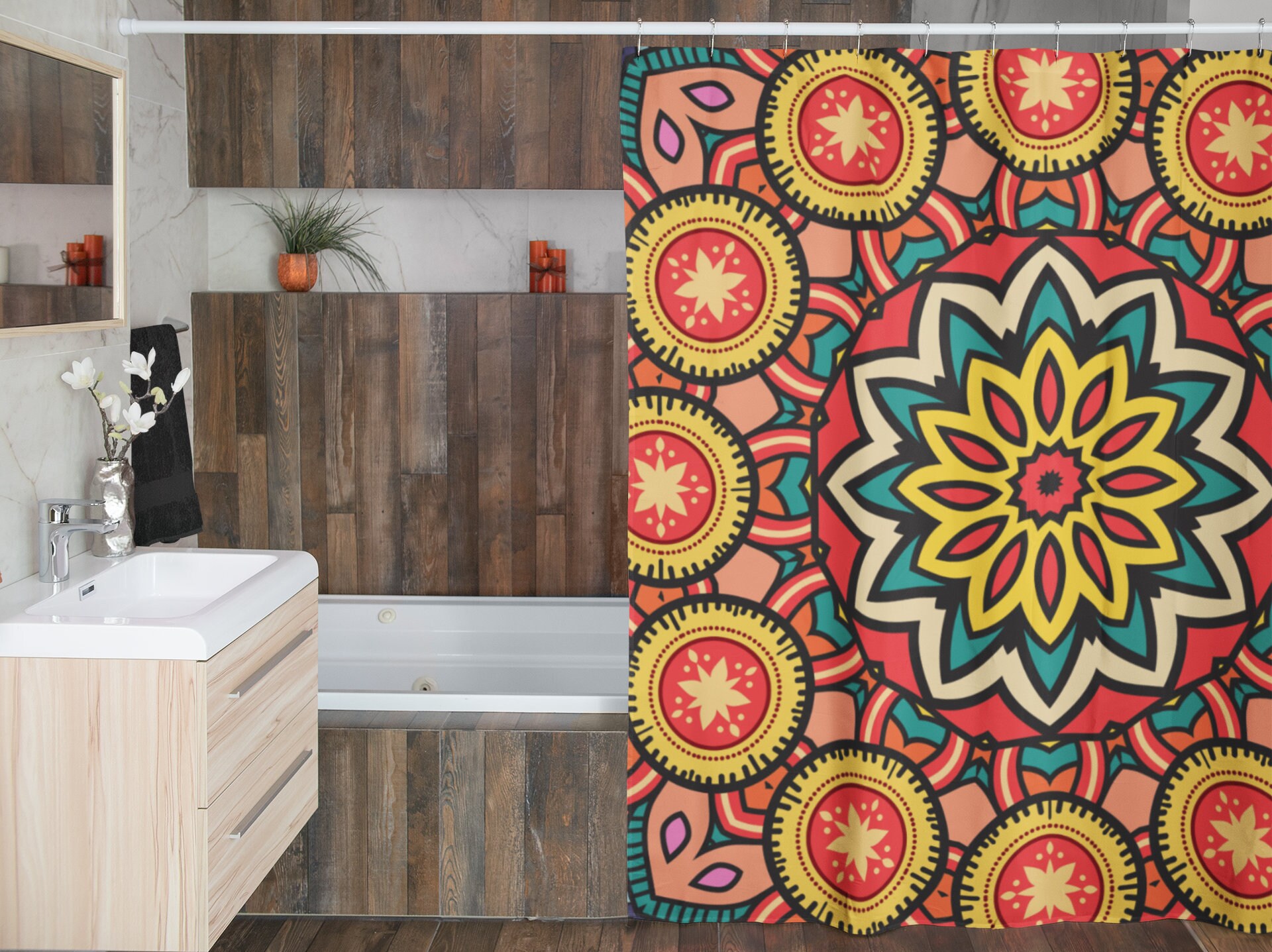 Groovy 60's 70's Hippie Mandala Shower Curtain, Retro Bathroom Accessory with Unique Bath Design - Image 4