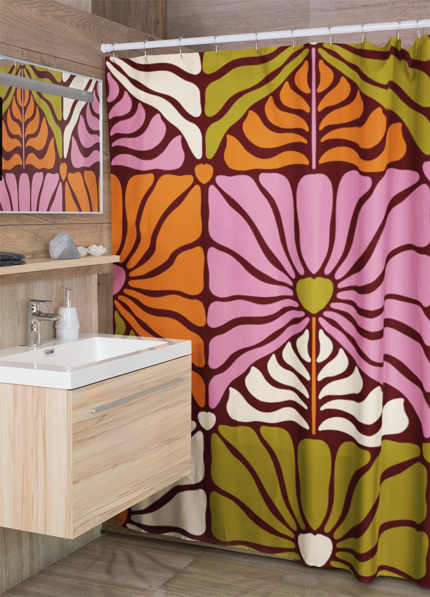 Groovy 60's 70's Retro Shower Curtain, Hippie Bathroom Accessory with Flowery Designs