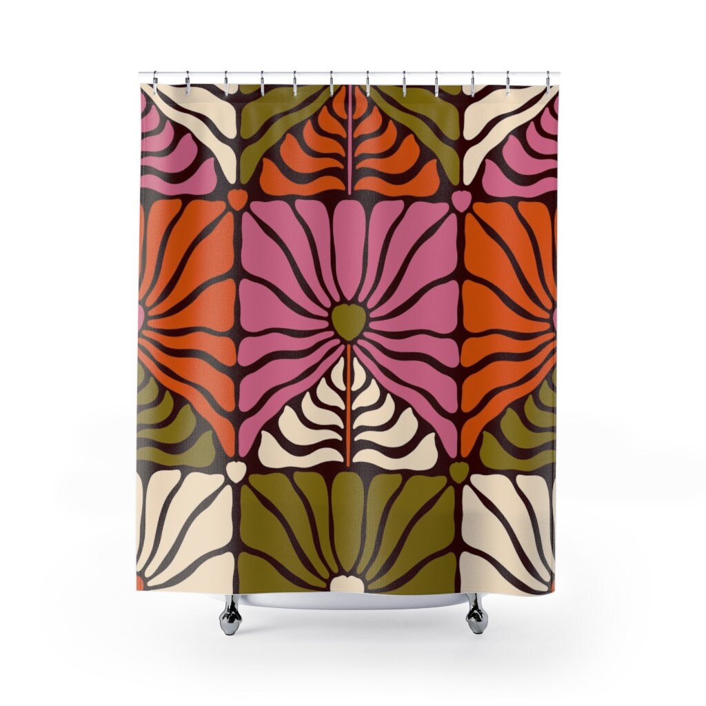 Groovy 60's 70's Retro Shower Curtain, Hippie Bathroom Accessory with Flowery Designs - Image 2