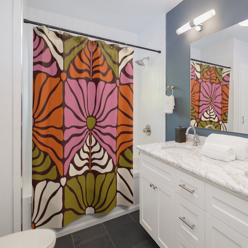 Groovy 60's 70's Retro Shower Curtain, Hippie Bathroom Accessory with Flowery Designs - Image 3