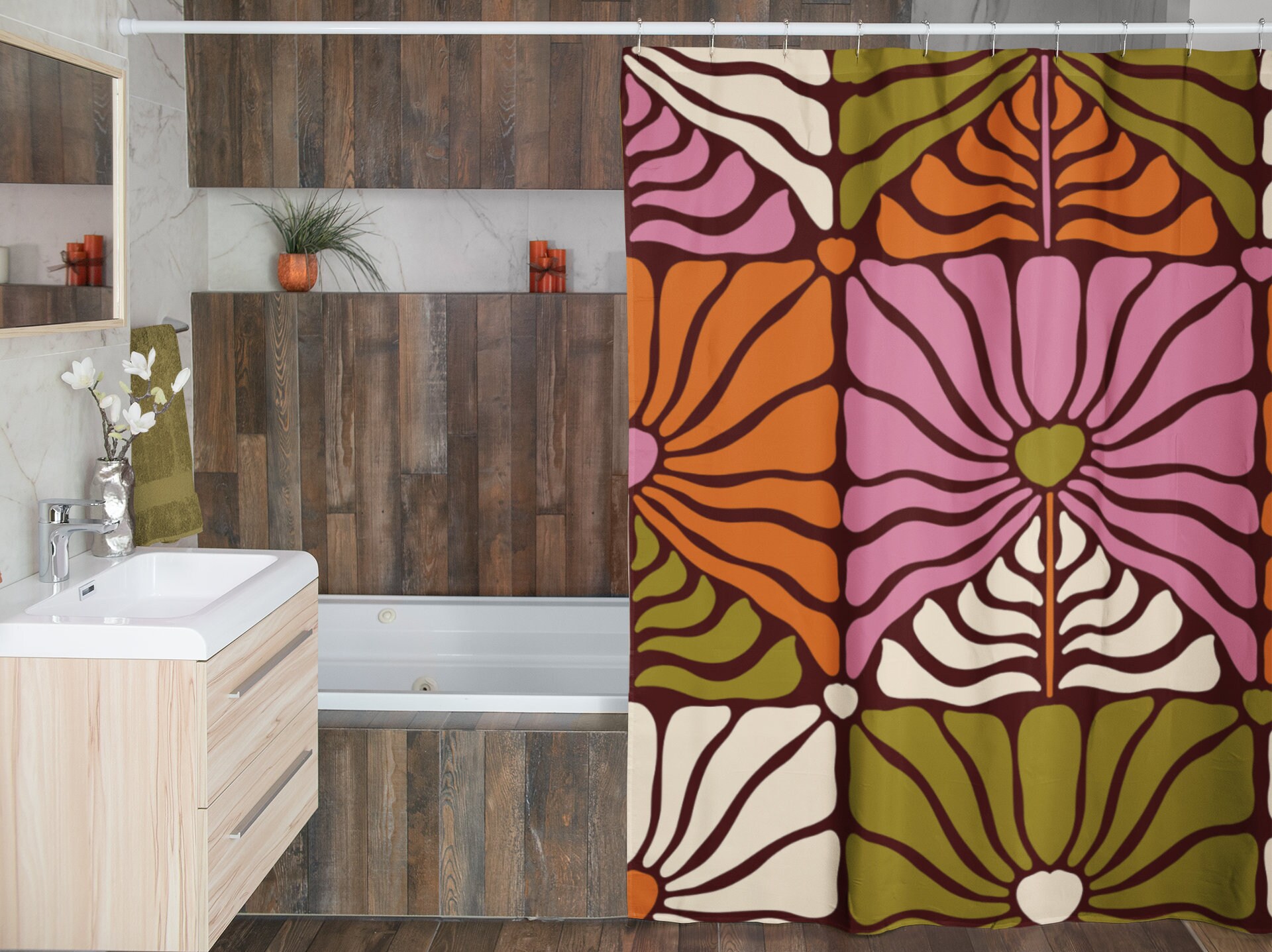 Groovy 60's 70's Retro Shower Curtain, Hippie Bathroom Accessory with Flowery Designs - Image 4