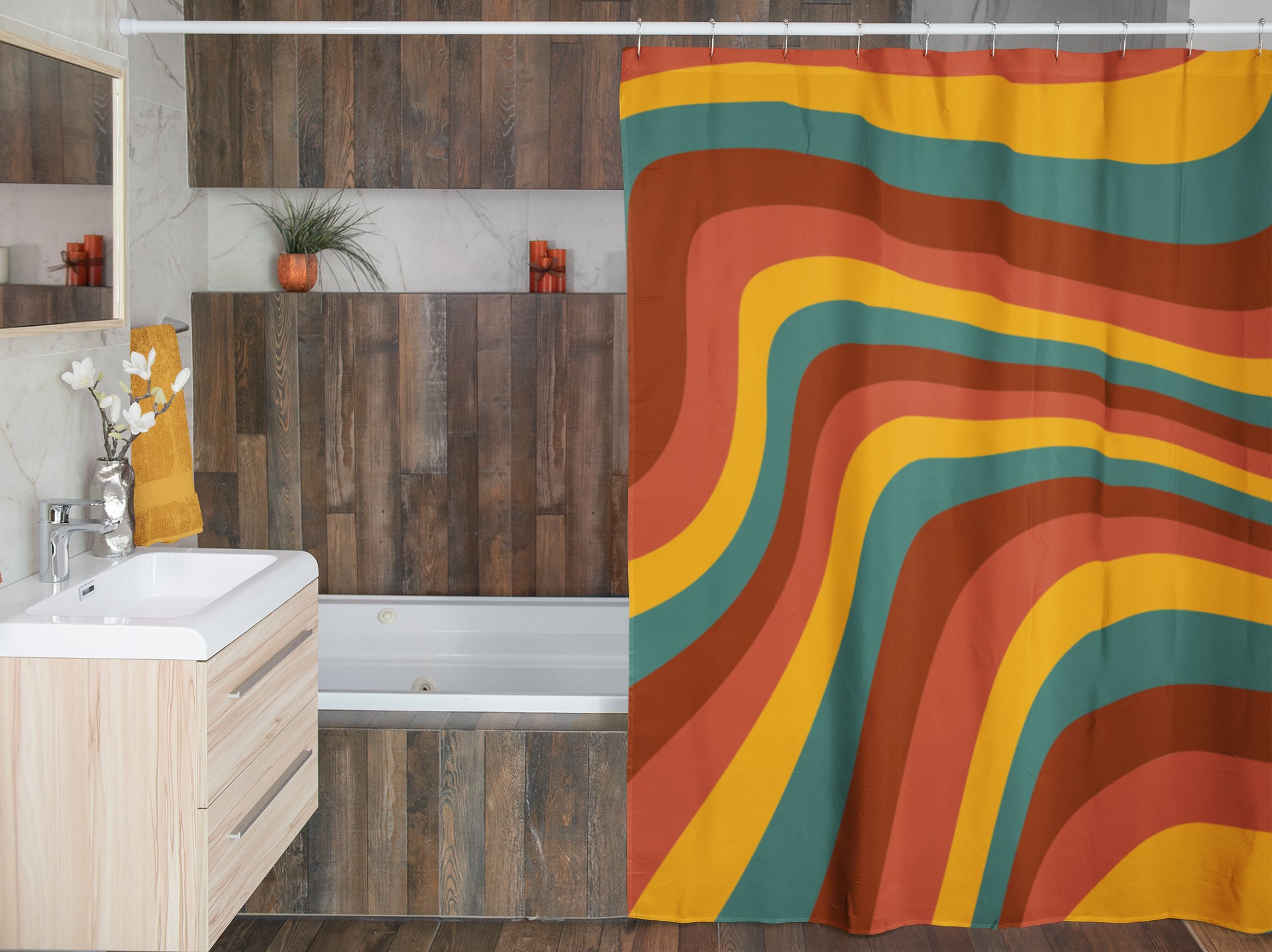Groovy 60's 70's Retro Shower Curtain, Hippie Bathroom Accessory with Vibrant Colors and Designs