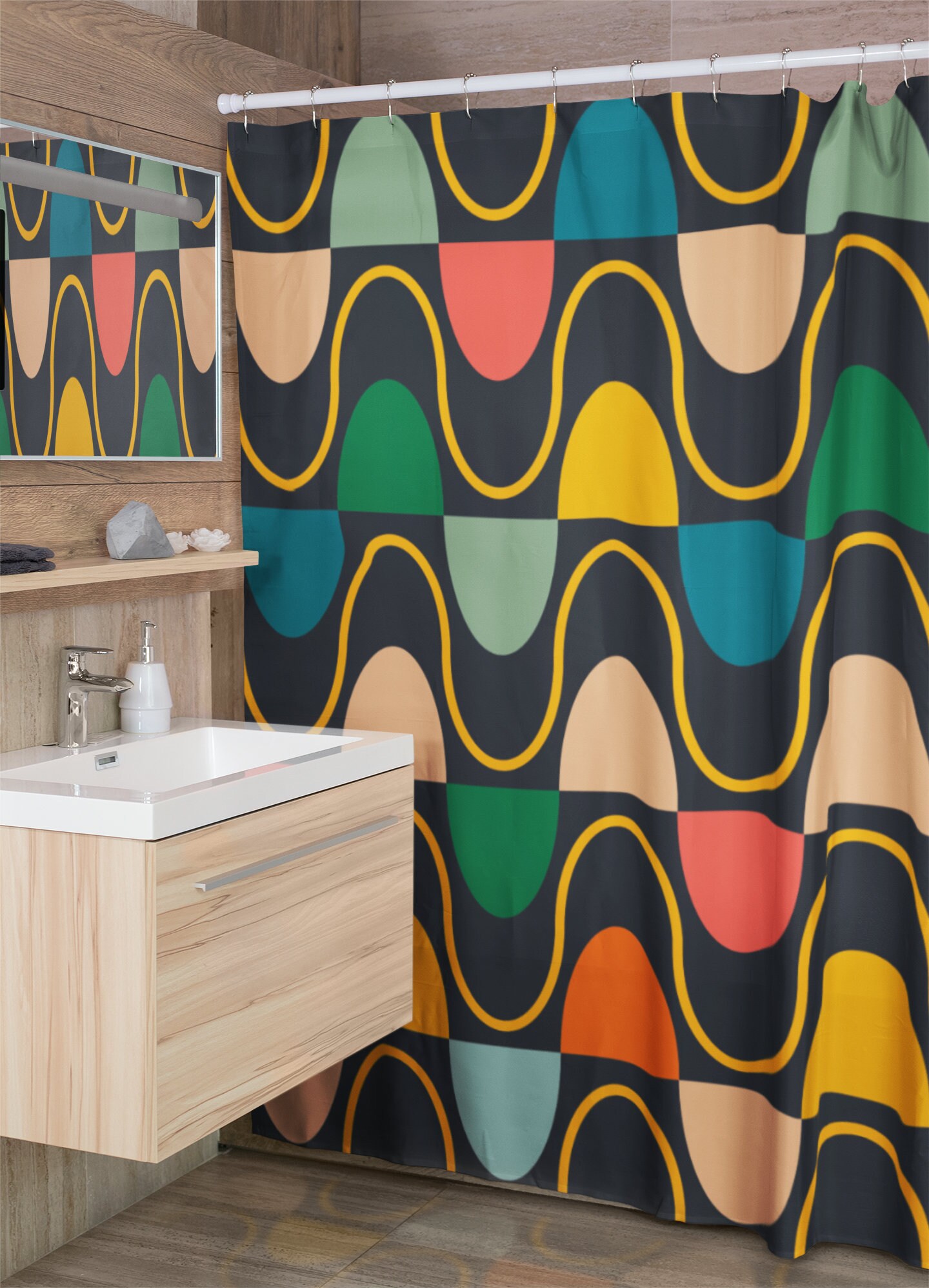 Groovy 60's 70's Retro Shower Curtain with Geometric Hippie Designs for Retro Bathrooms