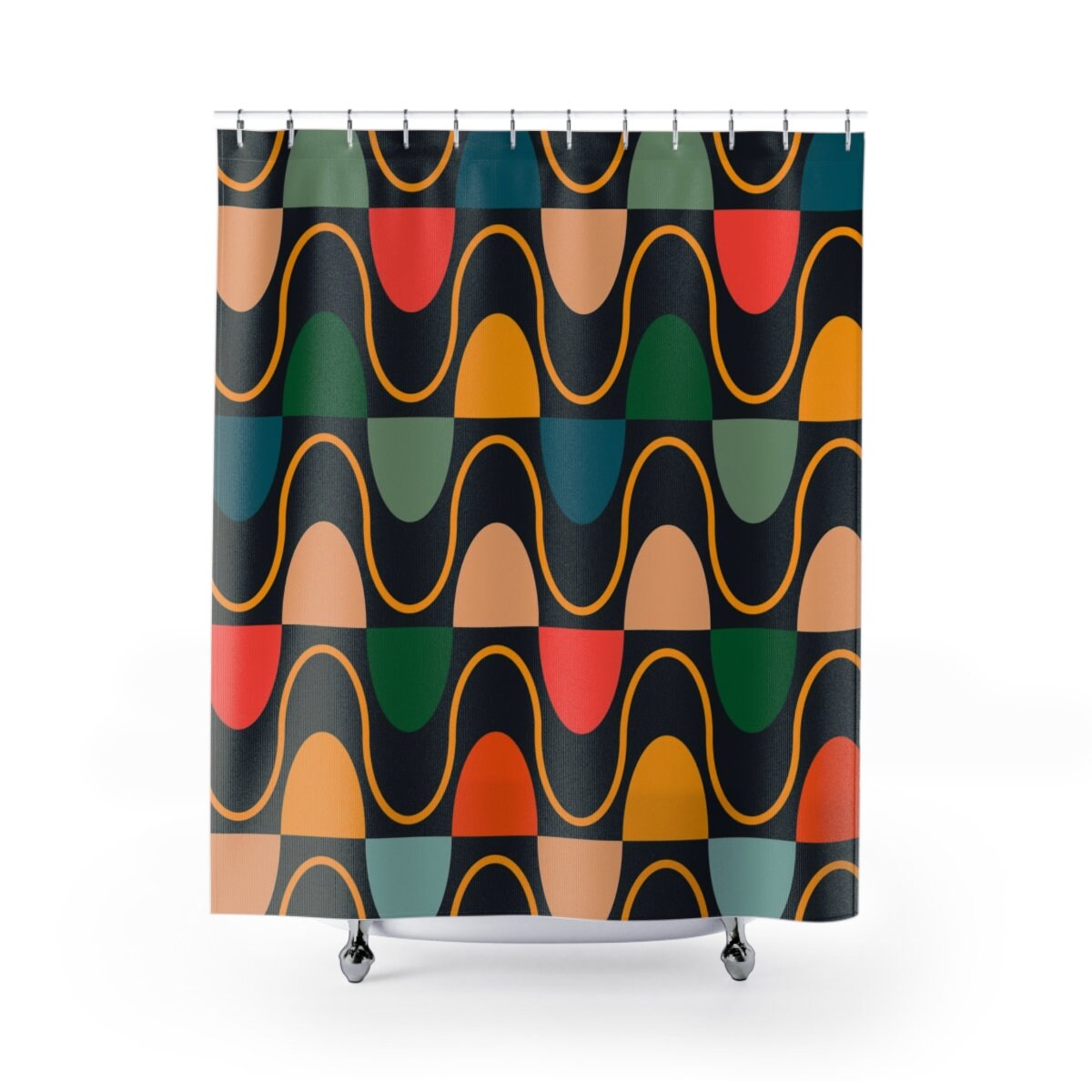 Groovy 60's 70's Retro Shower Curtain with Geometric Hippie Designs for Retro Bathrooms - Image 2