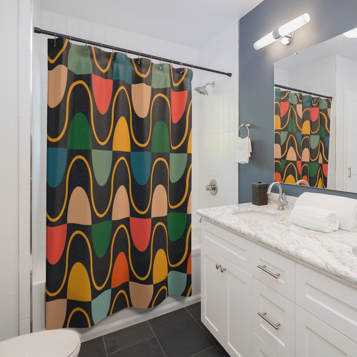 Groovy 60's 70's Retro Shower Curtain with Geometric Hippie Designs for Retro Bathrooms - Image 3