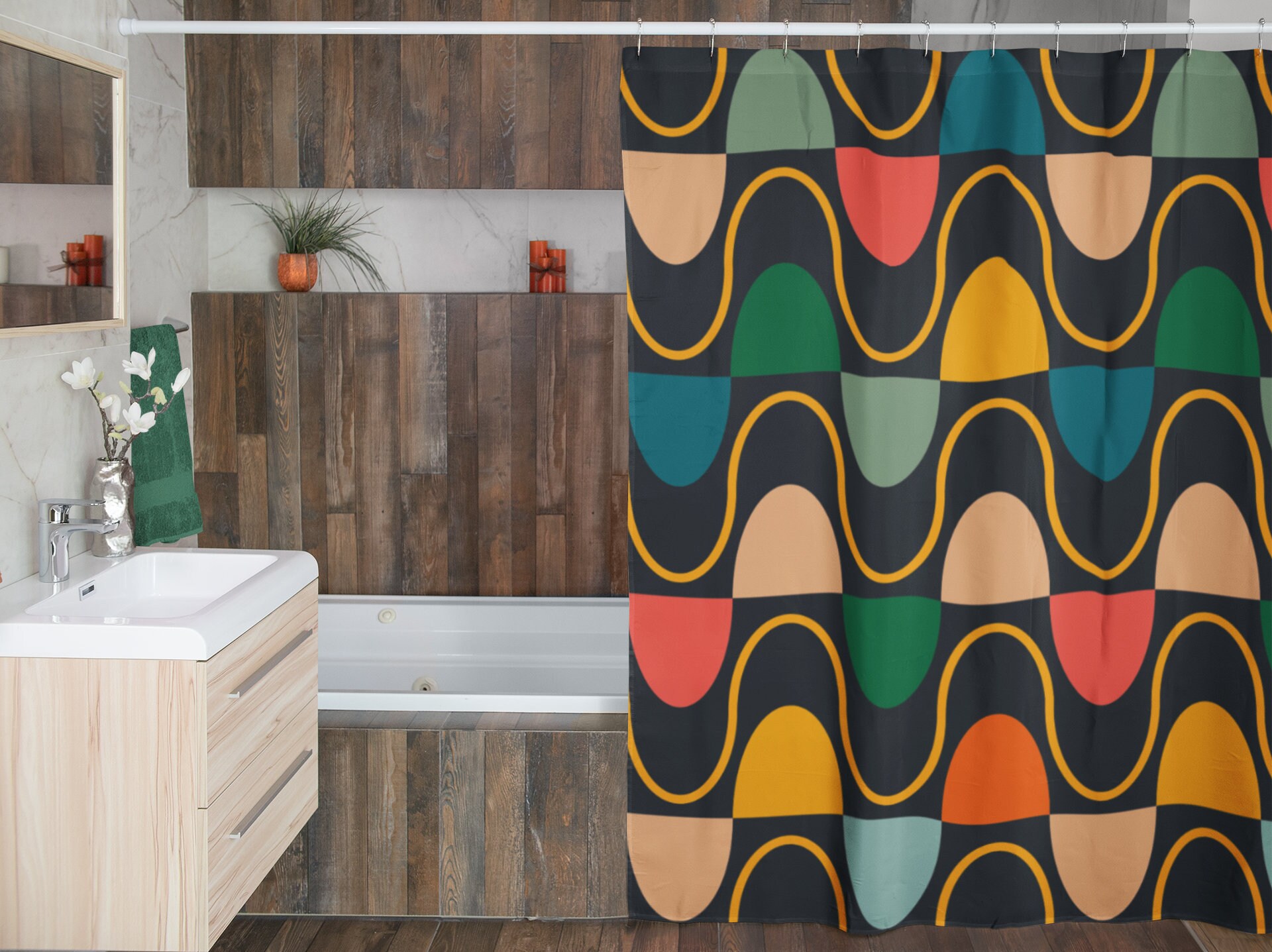 Groovy 60's 70's Retro Shower Curtain with Geometric Hippie Designs for Retro Bathrooms - Image 4