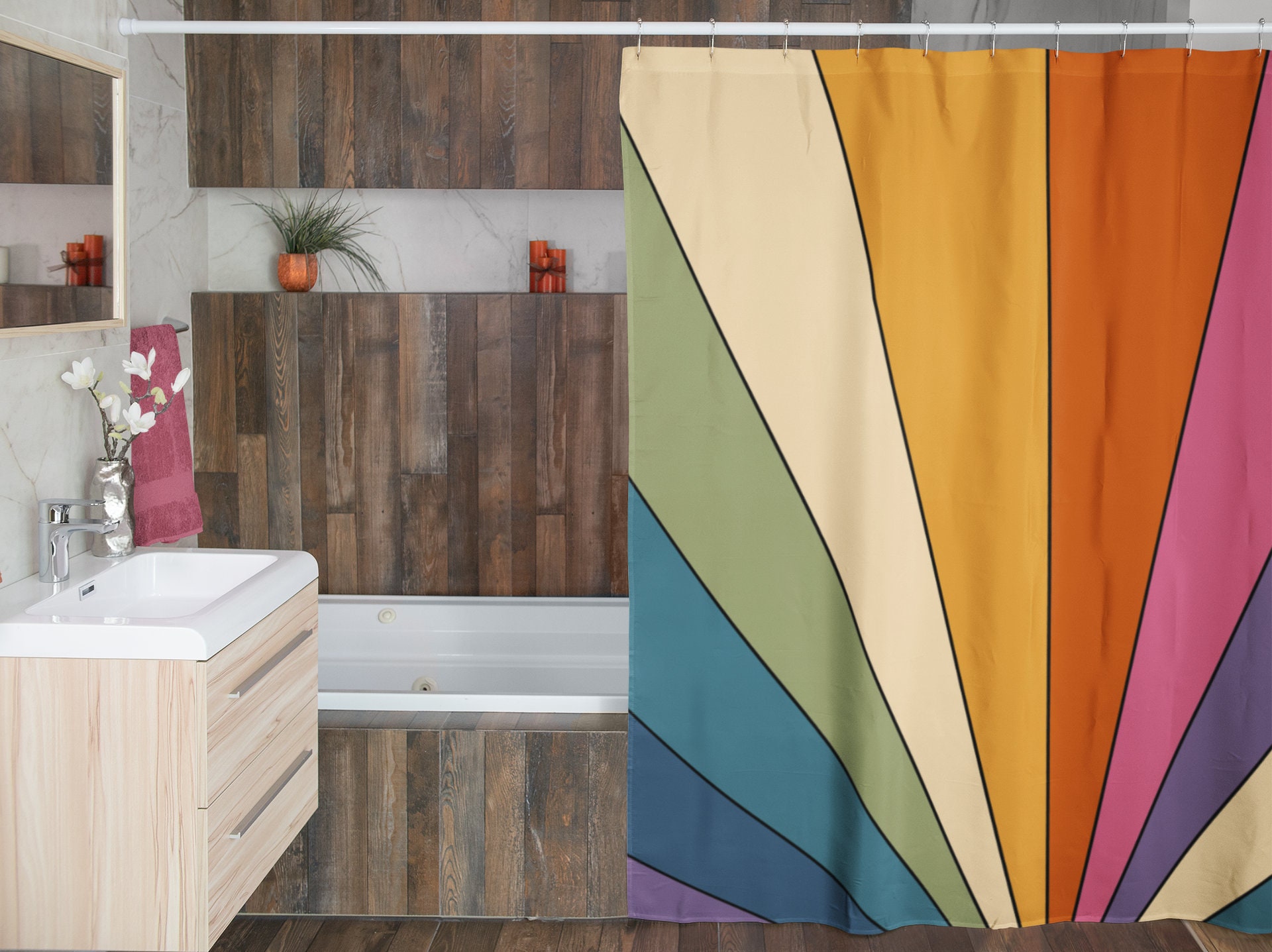 Groovy 60's 70's Retro Sunburst Shower Curtain, Hippie Bathroom Accessory with Vibrant Colors - Image 2