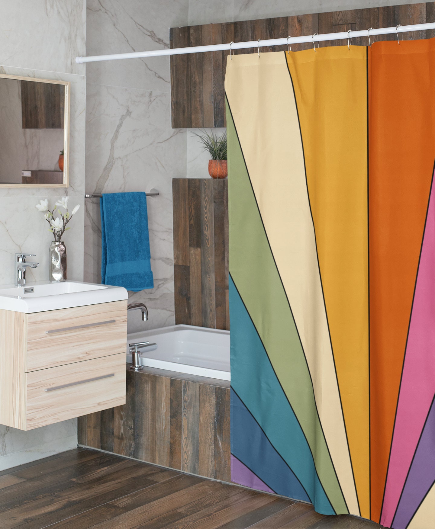 Groovy 60's 70's Retro Sunburst Shower Curtain, Hippie Bathroom Accessory with Vibrant Colors - Image 4