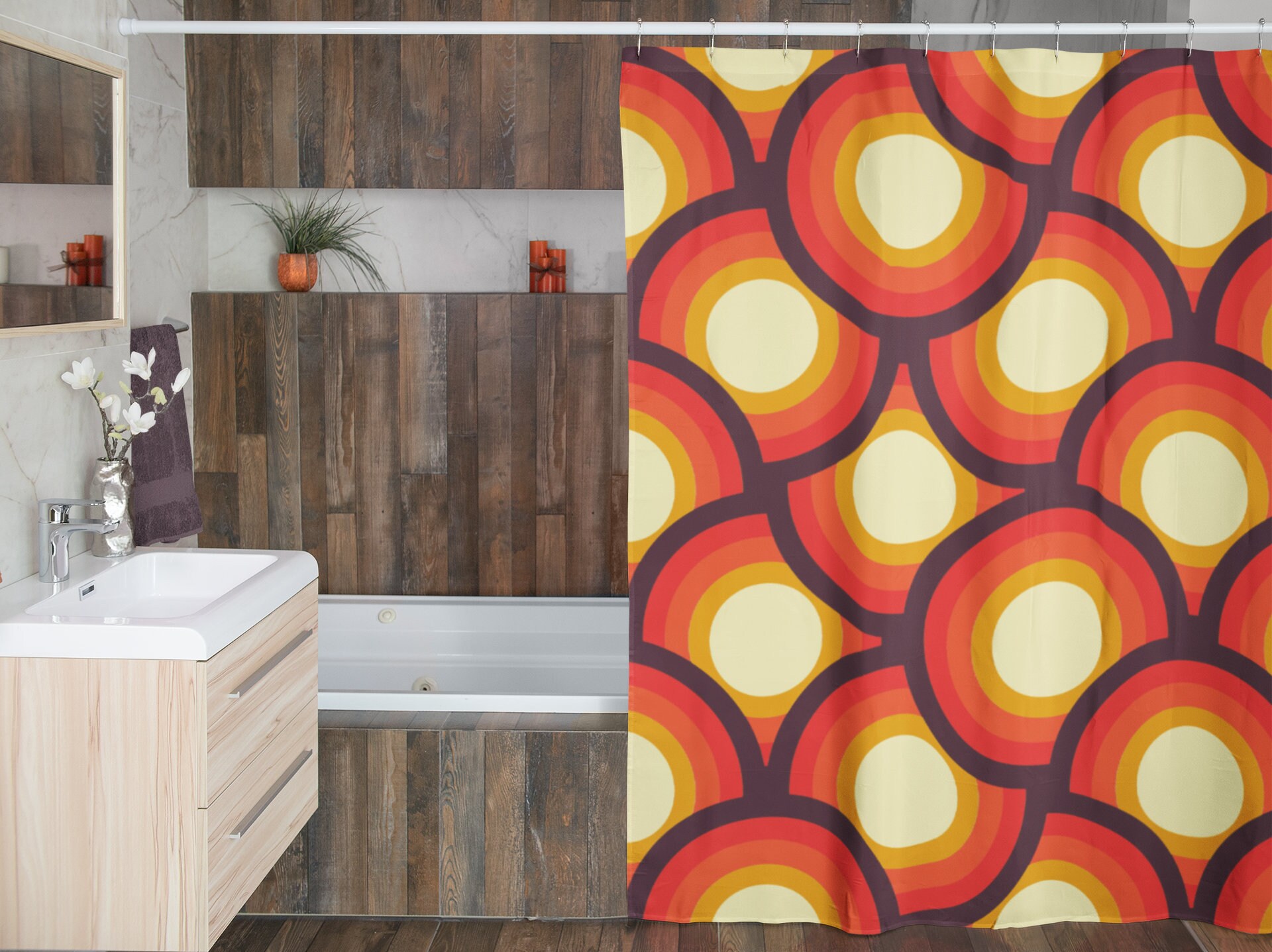 Groovy 60's 70's Shower Curtain, Hippie Tub Curtain, Retro Bathroom Decor