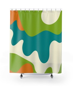 Groovy 70's Retro Shower Curtain with Swirl Pattern in Shades of Green, Teal Blue, and Orange