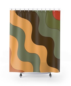 Groovy Abstract Brown, Green, and Orange Retro Shower Curtain with 70's Funky Chic MCM Mid Century Bath Decor