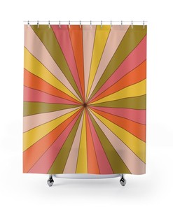 Groovy Abstract and Sunburst Orange, Pink, Yellow Green Retro Shower Curtain for a 70's Nostalgic Bathroom