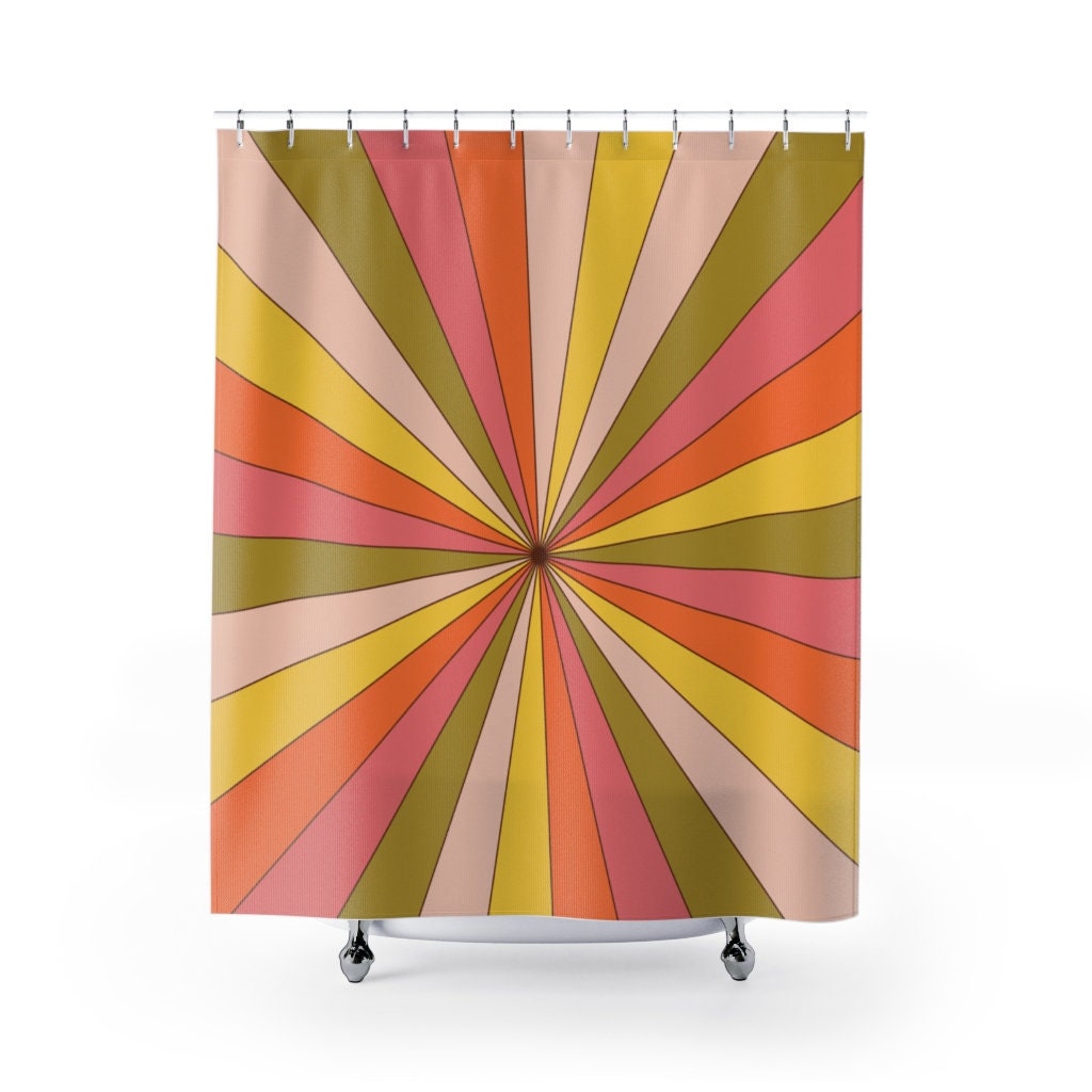 Groovy Abstract and Sunburst Orange, Pink, Yellow Green Retro Shower Curtain for a 70's Nostalgic Bathroom