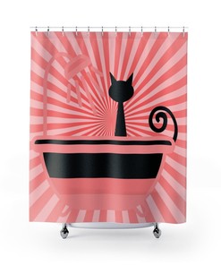 Groovy Black Cat in Tub Mid Century Modern Shower Curtain with Vintage Vibes