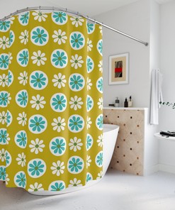 Groovy Daisy Floral Turquoise Blue and Lime Green Mid Century Modern Shower Curtain for a Fun Look