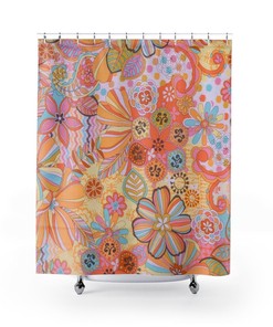 Groovy Floral Pink, Blue, and Yellow Retro Mid Mod Shower Curtain for a Nostalgic Bathroom