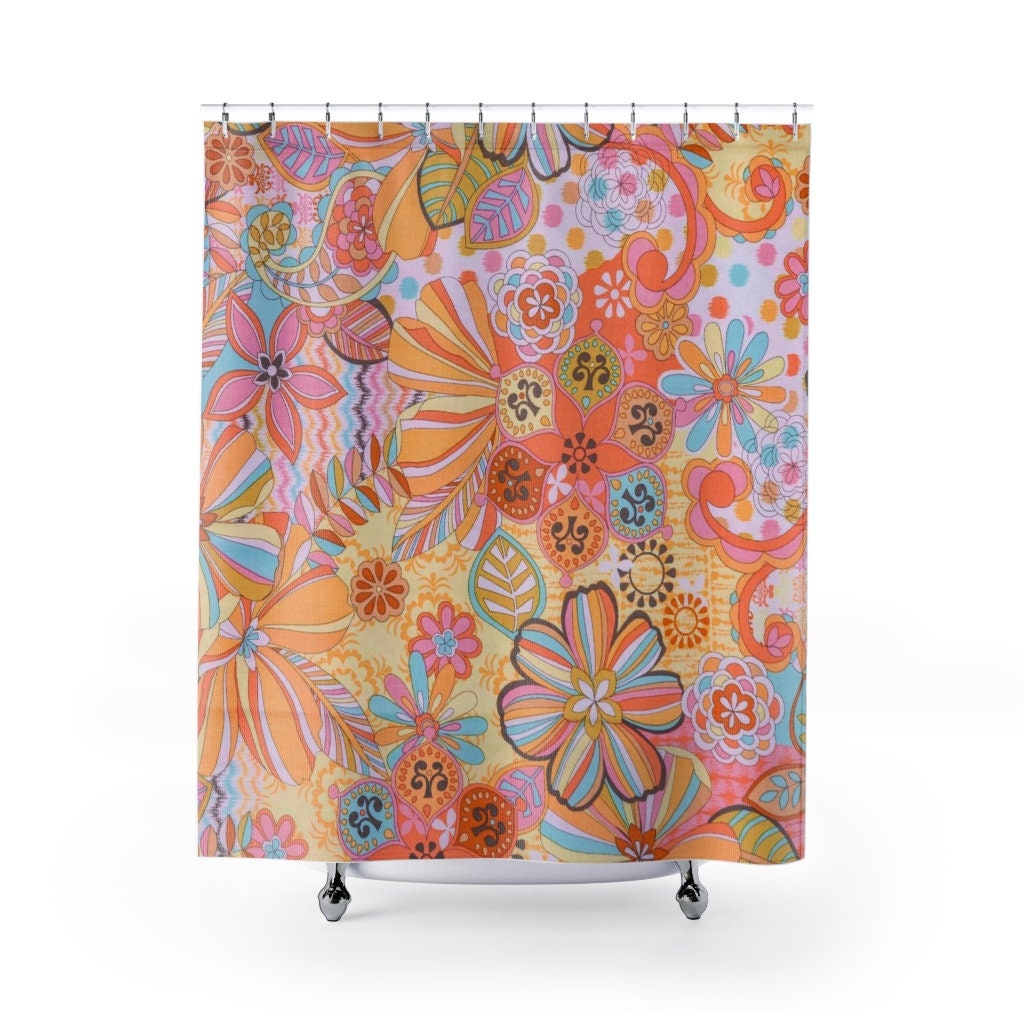 Groovy Floral Pink, Blue, and Yellow Retro Mid Mod Shower Curtain for a Nostalgic Bathroom