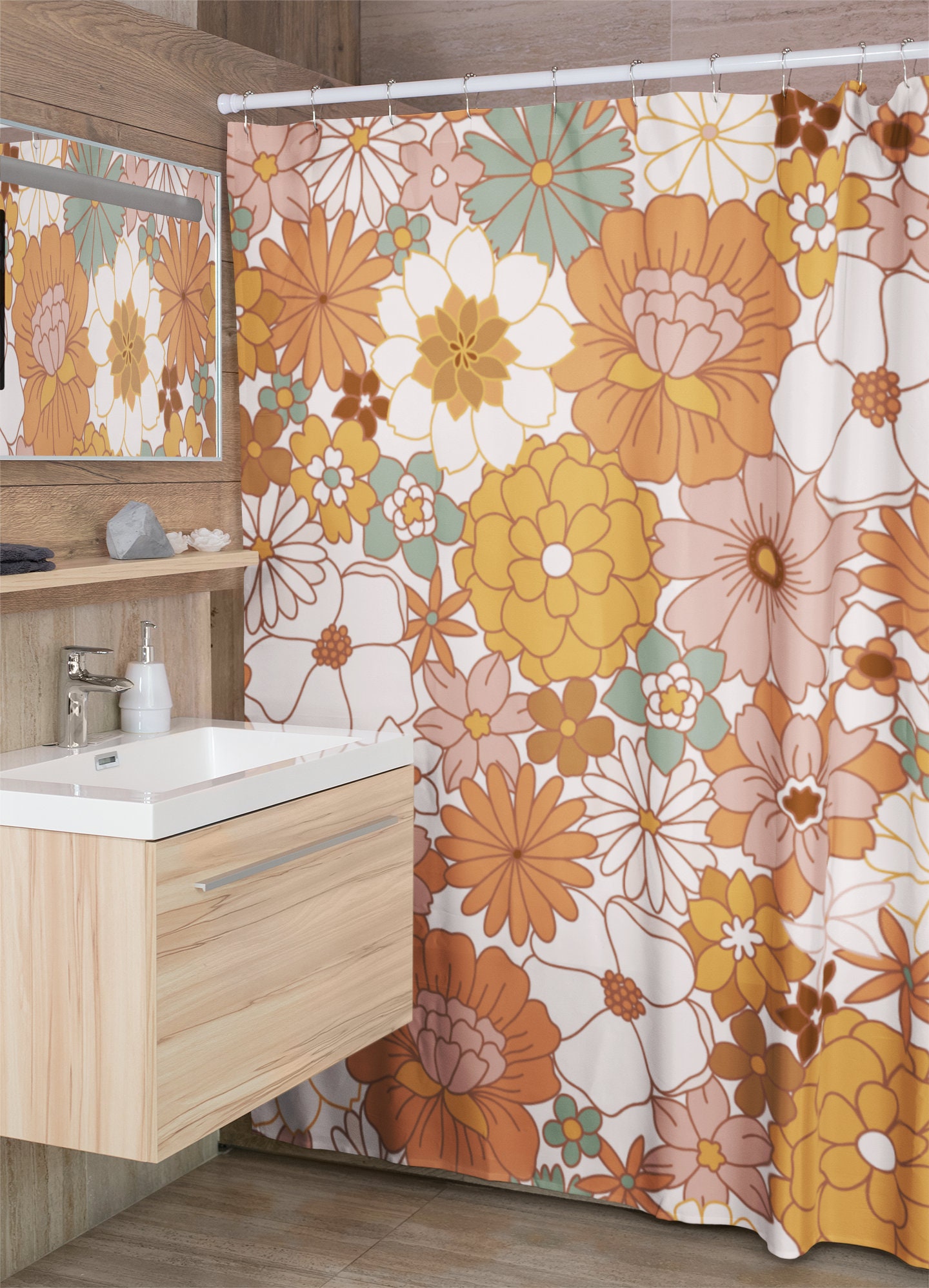 Groovy Hippie Flower Shower Curtain, Retro Bathroom Accessory, Vintage Tub Curtain