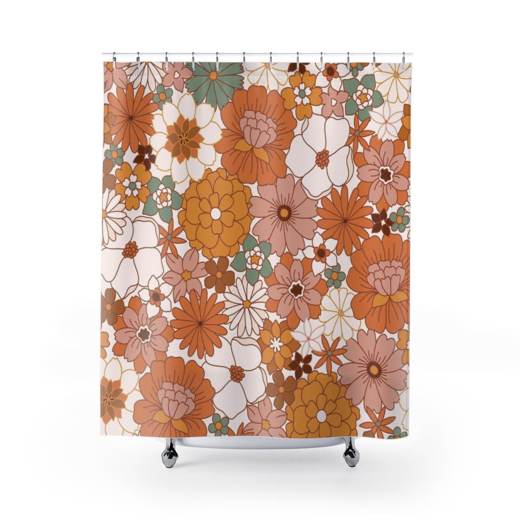 Groovy Hippie Flower Shower Curtain, Retro Bathroom Accessory, Vintage Tub Curtain - Image 2