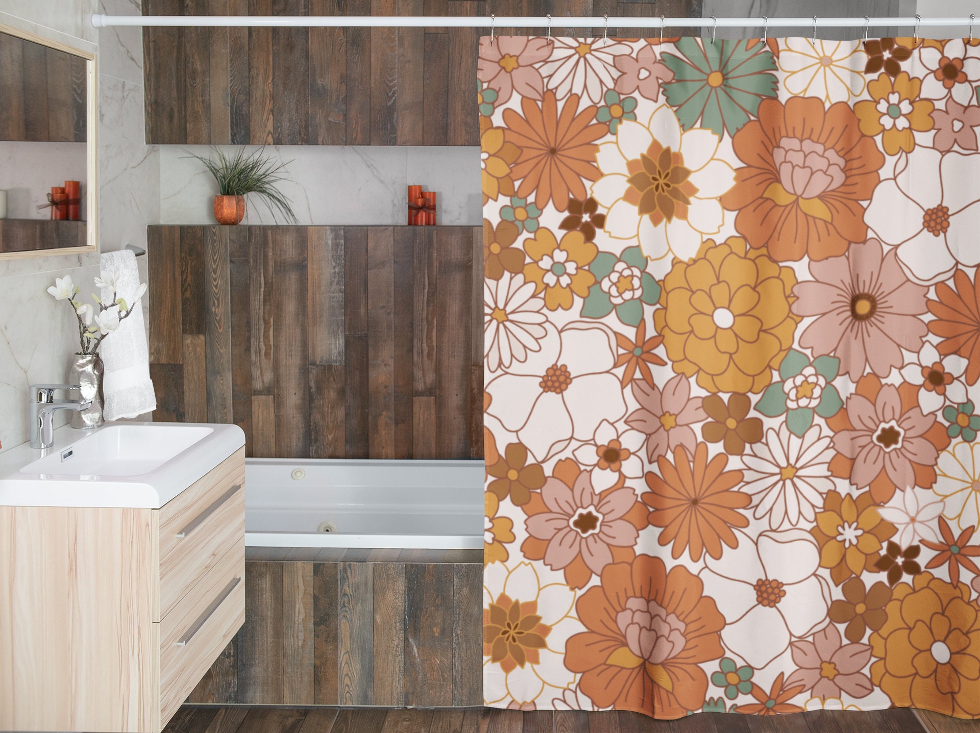Groovy Hippie Flower Shower Curtain, Retro Bathroom Accessory, Vintage Tub Curtain - Image 4