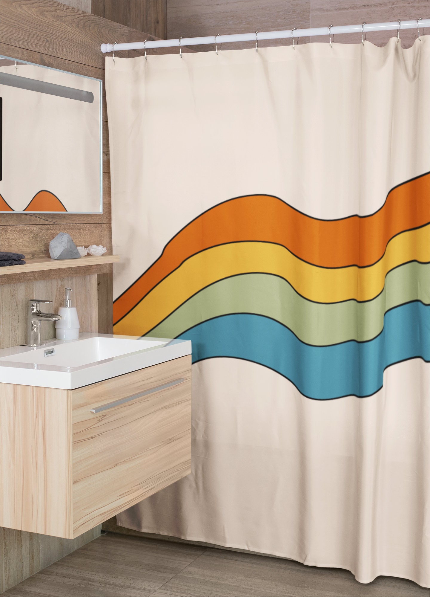Groovy Hippie Shower Curtain, Retro Flowers Tub Curtain, Vintage Bathroom Accessory