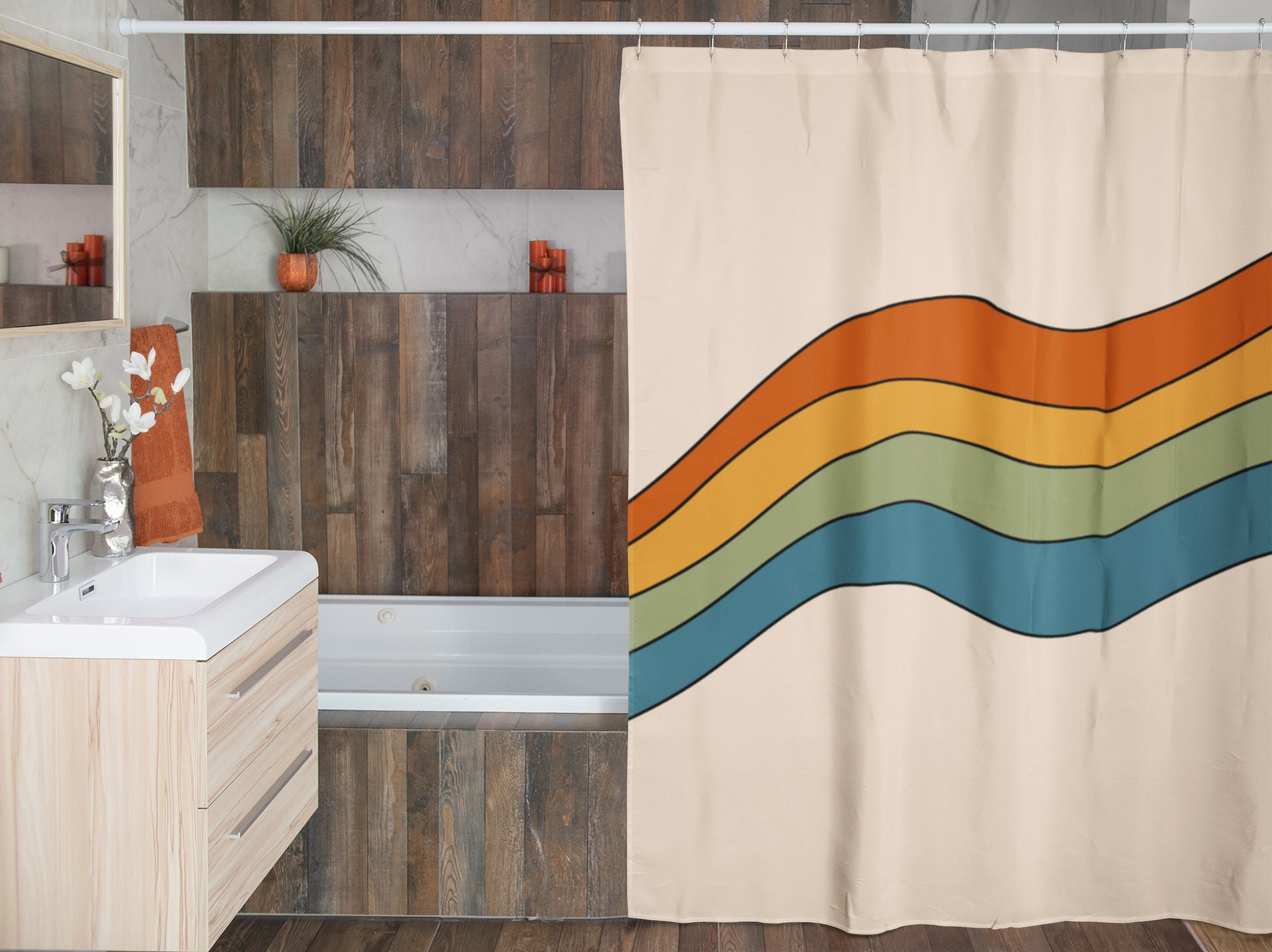 Groovy Hippie Shower Curtain, Retro Flowers Tub Curtain, Vintage Bathroom Accessory - Image 2