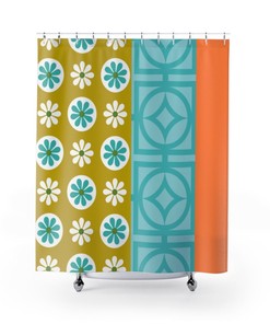 Groovy Mod Daisy Green and Orange Retro 70's Shower Curtain in Blue 50's Breeze Block Style