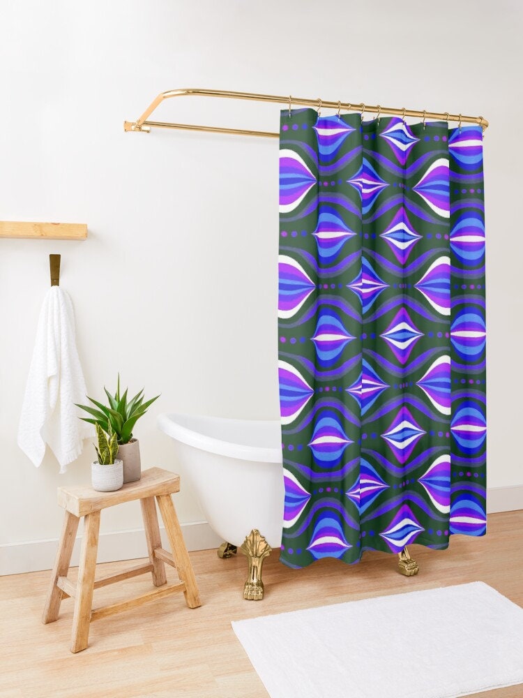 Groovy Purple Shapes Shower Curtain: Retro and Eco-Friendly - Image 3