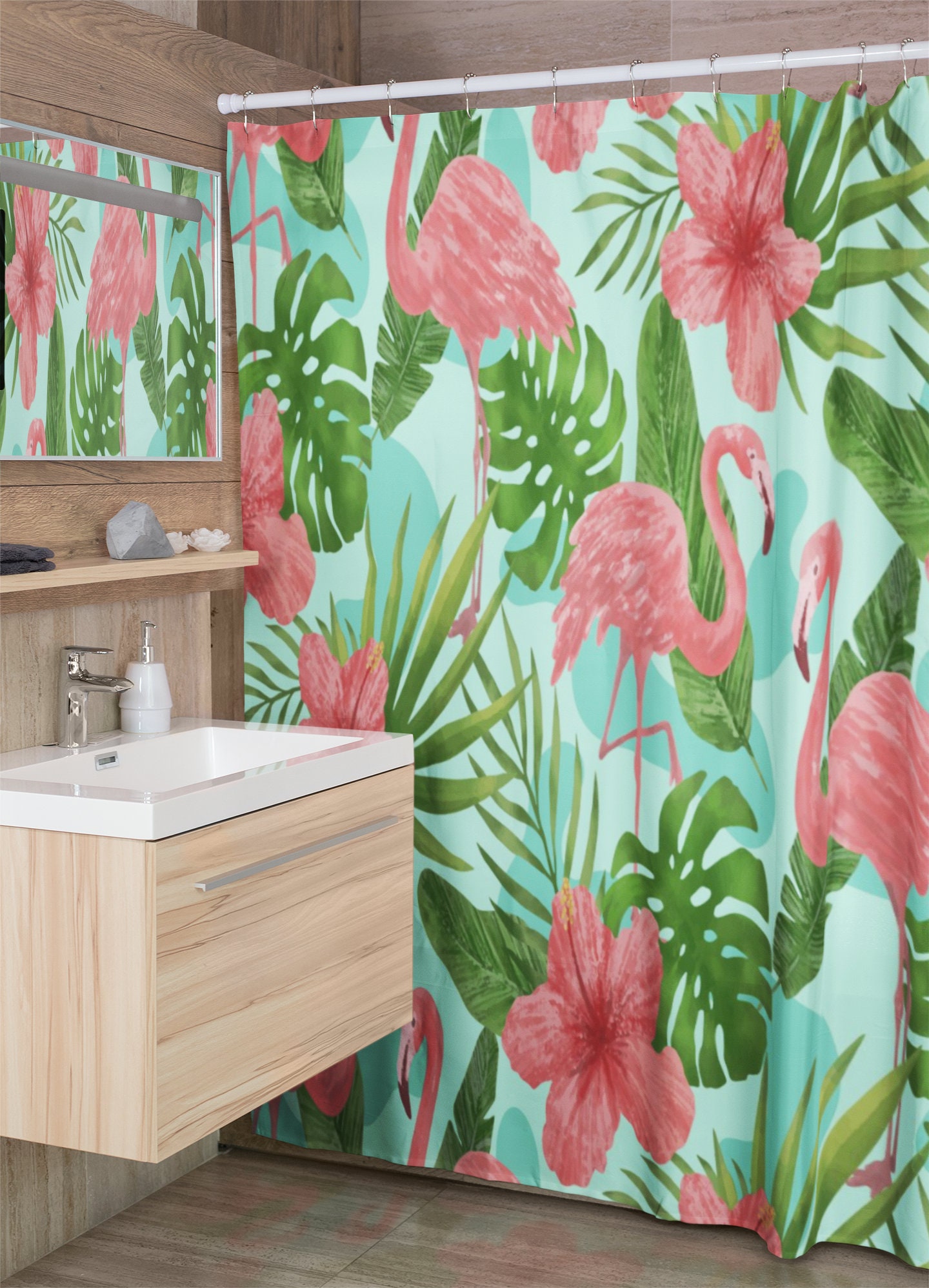 Groovy Retro Flamingo Shower Curtain, Tropical Bathroom Decor