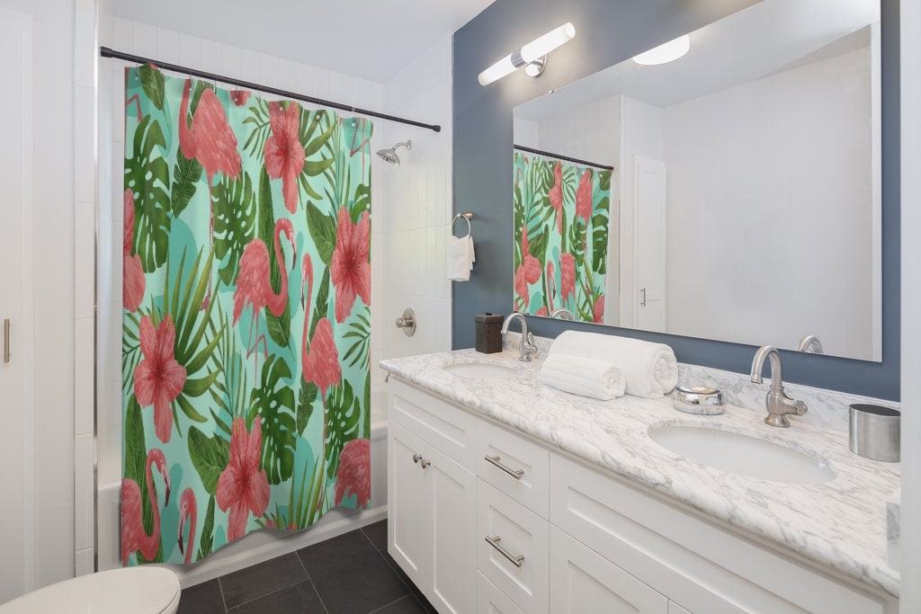 Groovy Retro Flamingo Shower Curtain, Tropical Bathroom Decor - Image 2