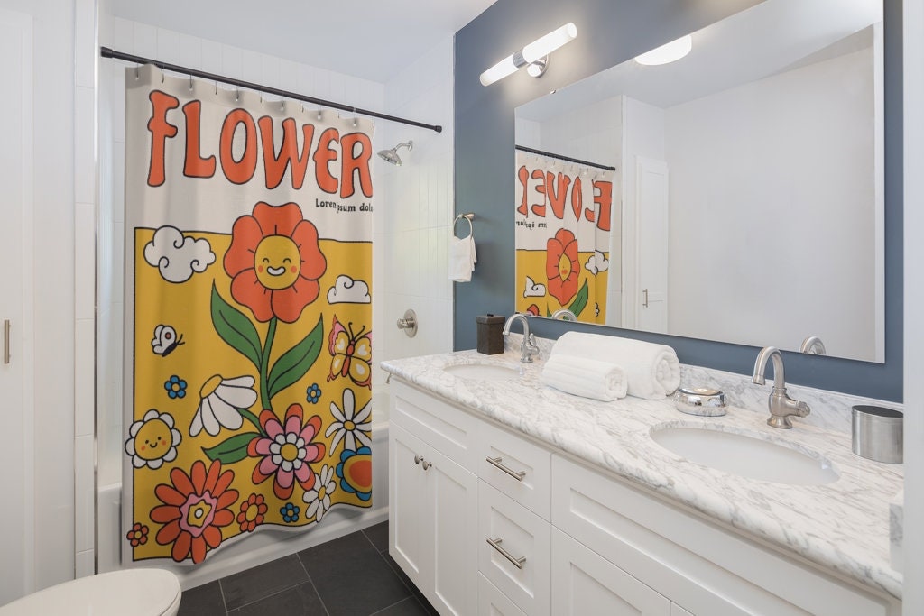 Groovy Retro Flowers Shower Curtain, 60's 70's Hippie Bathroom Decor - Image 2