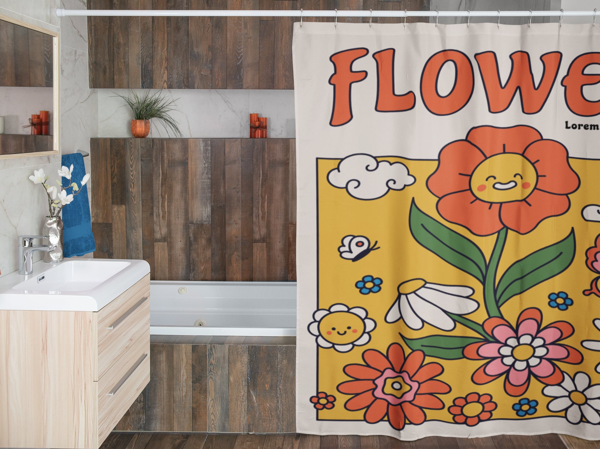 Groovy Retro Flowers Shower Curtain, 60's 70's Hippie Bathroom Decor - Image 3