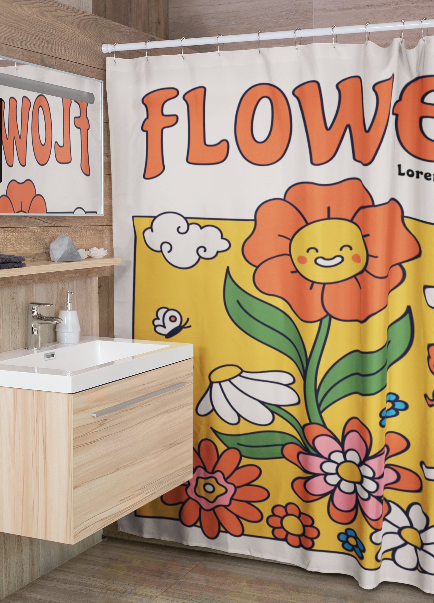 Groovy Retro Flowers Shower Curtain, 60's 70's Hippie Bathroom Decor - Image 4