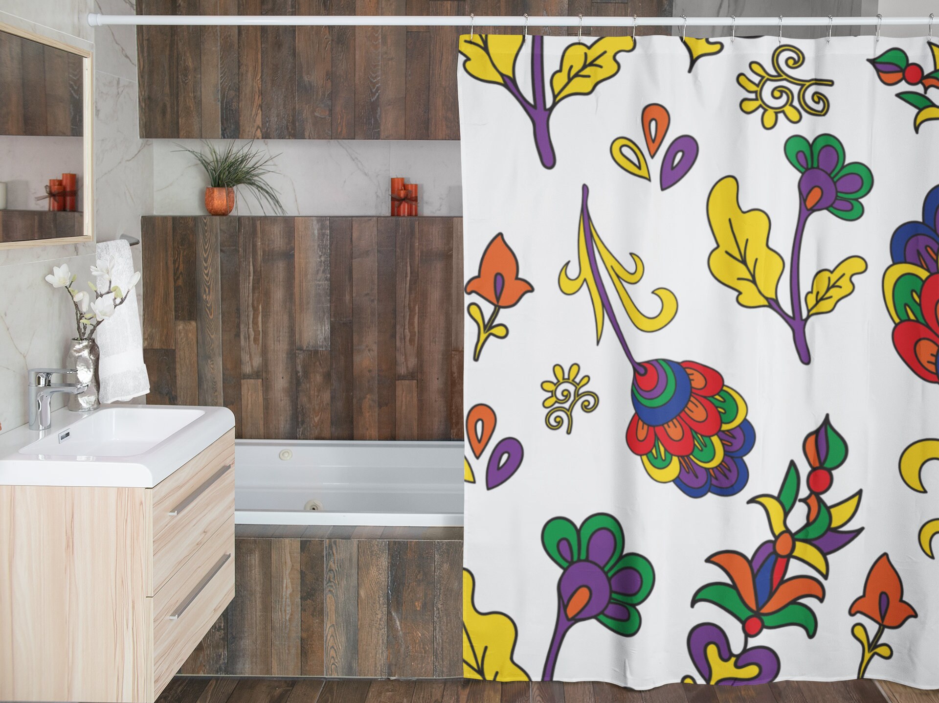 Groovy Retro Flowers Shower Curtain, Boho 70's Bathroom Decor