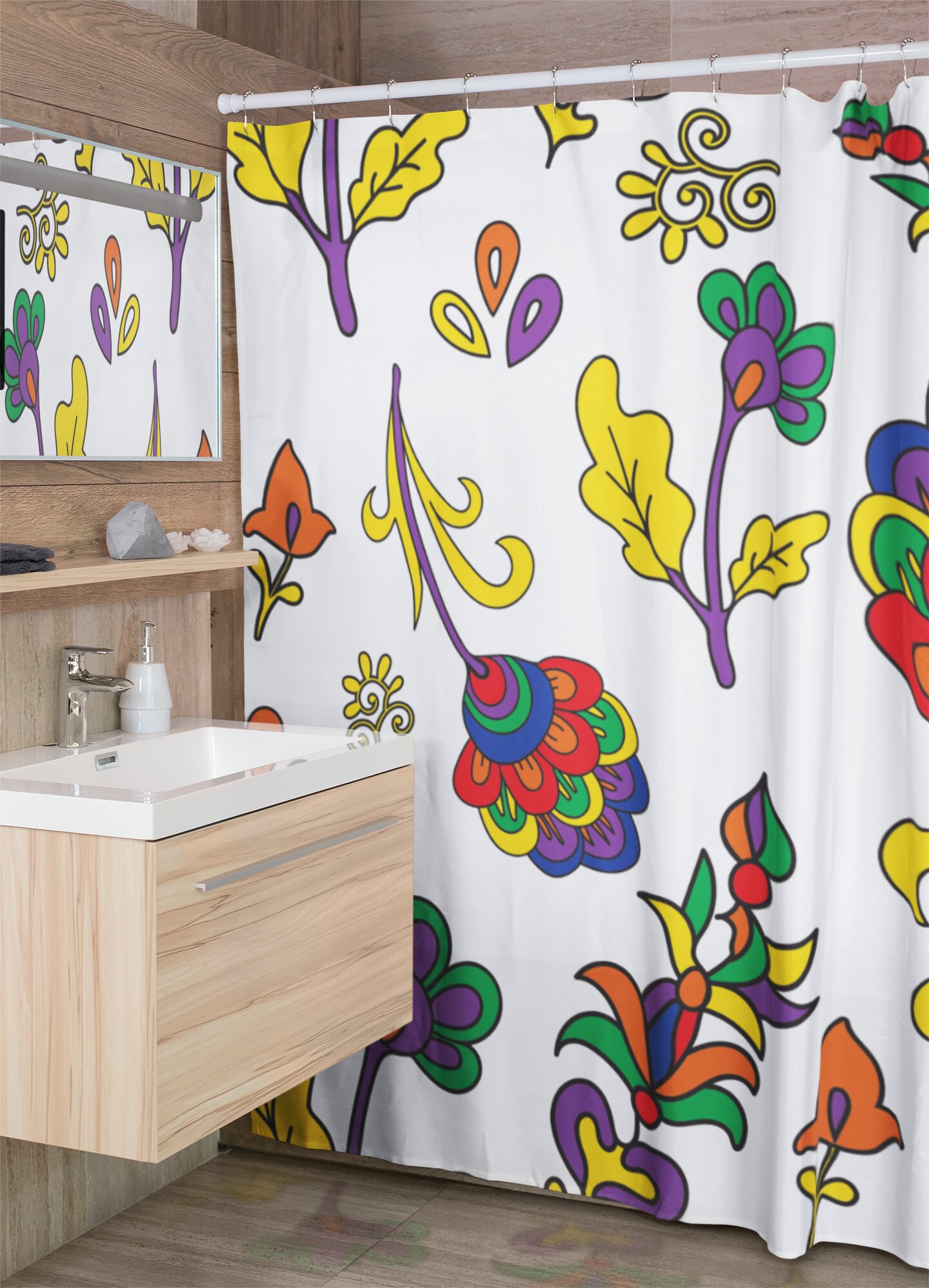 Groovy Retro Flowers Shower Curtain, Boho 70's Bathroom Decor - Image 4